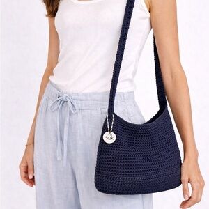 The Sak Navy Crochet Knit Shoulder Bag Boho Knit Hobo Purse